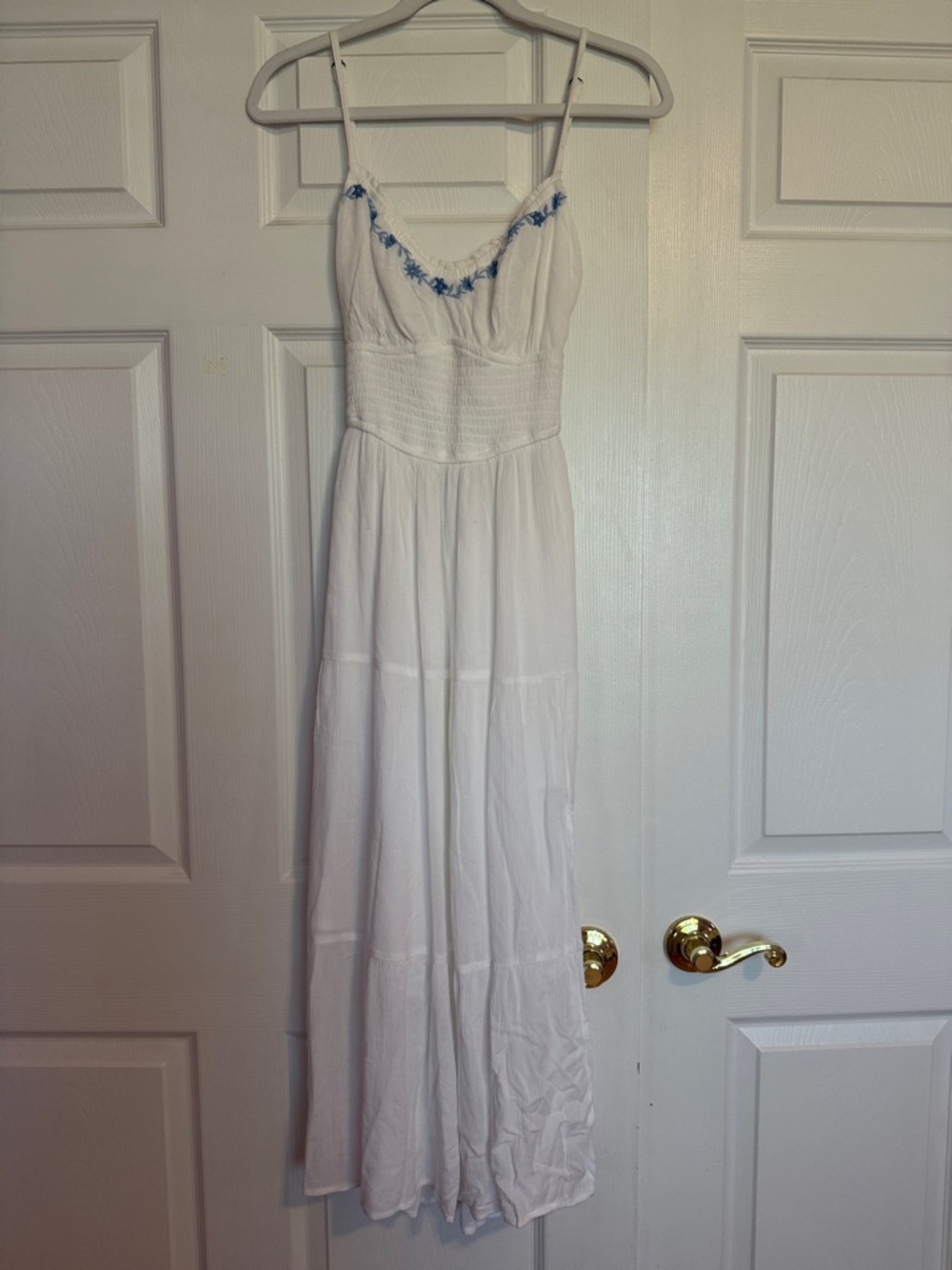Hollister White Maxi Dress with Blue Embroidered Neckline